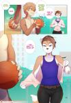 2019 adrian_iliovici anthro basketball blue_eyes brown_body brown_fur brown_hair canid canine clothed clothing comic countershading dialogue digital_media_(artwork) duo english_text femboy fox fur green_eyes hair hi_res male mammal milo_stefferson mustelid otter shirt speech_bubble tank_top text tokifuji topless topwear undressing