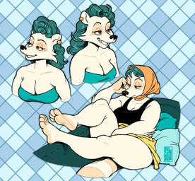 4_toes anthro black_clothing black_nose black_shirt black_tank_top black_topwear blue_background blue_pillow blue_sofa bored bottomwear breasts brown_eyes cleavage clothed clothing ear_piercing feet female fur furniture headgear headscarf headwear markings orange_clothing orange_headwear pattern_background piercing pillow plaid plaid_background shirt simple_background skirt sofa solo striped_markings striped_tail stripes tail tail_markings tank_top toes topwear turquoise_hair turquoise_pillow turquoise_sofa white_arms white_body white_fur yellow_bottomwear yellow_clothing yellow_skirt silverscarf rosie_(silverscarf) mammal procyonid raccoon 2026 digital_media_(artwork) hi_res