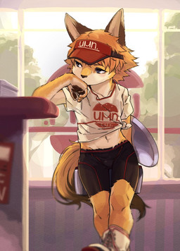 5_fingers anthro arm_support black_bottomwear black_clothing black_nose black_shorts black_spandex blue_eyes bored bottomwear brown_ears brown_eyebrows brown_pawpads bulge cafe clothed clothing eyebrows fingers footwear fox_ears fox_tail fur hair hand_on_mouth hand_pawpads hat headgear headwear holding_serving_tray inside leaning leaning_on_elbow leaning_on_table legwear light light_beam logo logo_on_clothing looking_offscreen male midriff multicolored_body multicolored_fur navel orange_body orange_fur orange_hair pawpads plant quad_skates raised_clothing raised_shirt raised_topwear roller_skates serving_tray shirt shoelaces shorts socks solo spandex spandex_shorts sunbeam sunlight text tied_shirt tight_bottomwear tight_clothing tight_shorts topwear tray tree two_tone_body two_tone_fur uniform visor_cap wall_(structure) white_body white_clothing white_fur white_inner_ear white_legwear white_shirt white_topwear window young young_anthro young_male umani canid canine canis fox mammal english_text