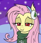 clothing earmuffs fangs female feral hair holidays lidded_eyes looking_at_viewer pink_hair pupils red_clothing red_eyes red_sweater red_topwear slit_pupils smile smiling_at_viewer snow solo sweater teeth topwear yellow_body vomitvomiting christmas friendship_is_magic hasbro my_little_pony flutterbat_(mlp) fluttershy_(mlp) bat_pony equid mammal 2024 headshot_portrait hi_res portrait