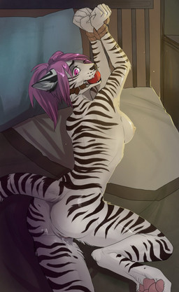 anthro anus back_muscles ball_gag bdsm biped bodily_fluids bondage bound breasts butt cum cum_in_vagina cum_inside female gag gagged genital_fluids genitals hair leucistic nipples nude pawpads paws pink_eyes purple_hair questionable_consent restrained restraints rope rope_bondage side_boob solo stripes submissive submissive_female vulva wide_eyed drmax felid mammal pantherine tiger 2015 hi_res