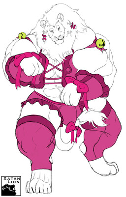 abs accessory bell big_muscles big_pecs bow_(feature) bow_accessory bow_ribbon bulge clothed clothing crossdressing digitigrade furgonomics hair_accessory hair_bow hair_ribbon lace legwear lingerie male mane muscular muscular_arms muscular_legs muscular_male panties paws pecs pink_clothing pink_lingerie pose ribbons smile solo stockings tail tail_accessory tail_bow tail_ribbon thick_thighs topwear underwear vest wrist_bow xatanlion felid lion mammal pantherine