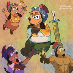 abs anthro armor belly boxers_(clothing) brown_body brown_fur clothing fur headgear helmet knight male melee_weapon moobs muscular muscular_anthro muscular_male navel nipples overweight pecs scared solo sword underwear warrior weapon mayonna11se puppy_guard russell_(puppy_guard) canid canine canis domestic_dog mammal 1:1 hi_res multiple_scenes