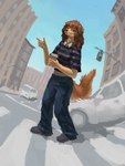 anthro beverage brown_body brown_fur city coffee coffee_cup container cup detailed_background female fur looking_at_viewer solo tail yellow_body yellow_fur hilyasp canid canine mammal 3:4 absurd_res hi_res