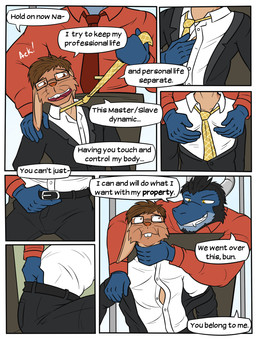anthro asphyxiation beard black_beard black_facial_hair black_hair chair choking clothing crotch_focus dialogue dominant dominant_male duo eye_contact eyewear facial_hair forced forced_exposure forced_undressing furniture glasses hair hand_around_neck hand_in_pants hand_in_shirt hand_on_belt hand_on_chest horn looking_at_another male male/male necktie office_chair pulling_tie red_clothing red_necktie red_shirt red_topwear shirt speech_bubble submissive submissive_male suit text topwear undressing undressing_another whiskers yellow_necktie fuze mythology dragon lagomorph leporid mammal mythological_creature mythological_scalie rabbit scalie 3:4 comic english_text hi_res