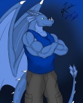 anthro biceps big_muscles biped blue_body bottomwear claws clothed clothing crossed_arms fangs fully_clothed green_eyes grin horn male membrane_(anatomy) membranous_wings muscular muscular_anthro muscular_male pants pecs pose scales shirt smile smirk solo standing tail tank_top teeth topwear wings saixyuniz-xynz european_mythology mythology azurin dragon mythological_creature mythological_scalie reptile scalie western_dragon 2012 4:5 better_version_at_source