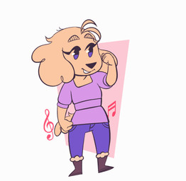 anthro biped boots bottomwear clothing dancing eyelashes eyeliner eyewear female footwear fur glasses hair happy long_hair makeup musical_note musical_symbol pants shirt shoes smile solo symbol topwear yellow_body yellow_fur itsdanfango julie_(itsdanfango) canid canine canis domestic_dog mammal 2022 2d_animation animated