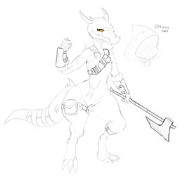 3_toes 4_fingers anthro armor axe belt bracers claws clothing feet female fingers genitals gloves handwear holding_object holding_weapon horn melee_weapon mostly_nude narrowed_eyes navel pupils satchel scar slit_pupils smile solo spikes standing thick_thighs toe_claws toes vulva weapon wide_hips yellow_eyes artlegionary kobold scalie 2022 full-length_portrait portrait sketch