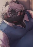 anthro belly big_belly black_body black_nose blush clothing eyewear glasses hair kemono male overweight overweight_male shirt solo sweater sweater_vest topwear vest white_hair suro964708 vtuber kokuba_hoeguro canid canine mammal 2022 absurd_res hi_res