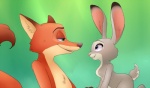 anthro breasts duo eye_contact featureless_breasts featureless_chest female green_background green_eyes inner_ear_fluff long_ears looking_at_another male nude purple_eyes simple_background size_difference smile tuft nirvanilla disney zootopia judy_hopps nick_wilde canid canine fox lagomorph leporid mammal rabbit red_fox true_fox 2016 digital_media_(artwork)