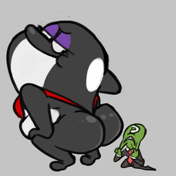 accessory anthro butt clothing duo eyeshadow female g-string grey_background half-closed_eyes looking_at_another looking_back looking_back_at_another looking_down makeup male narrowed_eyes necktie presenting presenting_hindquarters purple_eyeshadow simple_background size_difference suit underwear 4chan_anon shamelesss 4chan submarine_jim anon bianca_(submarine_jim) aquatic cetacean dolphin human mammal oceanic_dolphin orca toothed_whale 1:1 2026