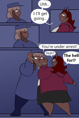 anthro arrested bottomwear brown_body brown_fur clothing cuff_(restraint) dialogue duo female fur handcuffs hoodie mature_anthro mature_female metal_cuffs obese obese_anthro obese_female overweight overweight_anthro overweight_female restraints skirt text topwear oxkingky diana_boar_(oxkingky) dorothy_b_hound canid canine canis domestic_dog mammal suid suine sus_(pig) wild_boar 2026 comic english_text hi_res