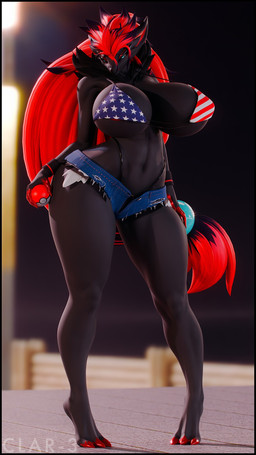 american_flag_bikini anthro areola areola_slip barely_visible_areola big_breasts big_hair bikini black_body black_clothing black_fur black_thong black_underwear blue_eyes blurred_background bottomwear breasts claws clothed clothing curvy_figure denim denim_bottomwear denim_clothing denim_shorts female flag_bikini flag_swimwear fur hair holding_object holding_pokeball hotpants huge_breasts long_hair looking_at_viewer microshorts minishorts navel navel_line neck_tuft open_bottomwear open_clothing open_pants outside pants pointy_ears pokeball pokemorph red_claws red_fingers red_hair shorts solo swimwear thick_thighs thong tuft two-piece_swimsuit underwear voluptuous voluptuous_anthro voluptuous_female wide_hipped_anthro wide_hipped_female wide_hips thenicedragon bom39_(modeler) nintendo pokemon zoroark_(bom39) canid canine generation_5_pokemon mammal pokemon_(species) zoroark 3d_(artwork) 9:16 digital_media_(artwork) full-length_portrait hi_res portrait watermark
