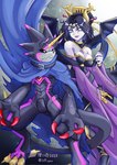 anthro belt black_body black_sclera cape claws clothing duo female glowing glowing_eyes horn male sharp_teeth teeth wings vfcou bandai_namco digimon digimon_ghost_game digimon_(species) gulusgammamon humanoid lilithmon mammal hi_res