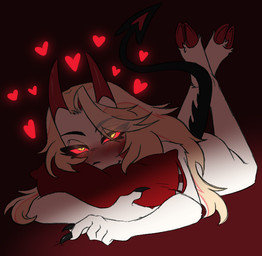 bedroom_eyes butt female heart_symbol hooves horn narrowed_eyes nude pillow red_eyes seductive solo tail scarlet-hex hazbin_hotel hellaverse charlie_morningstar demon humanoid