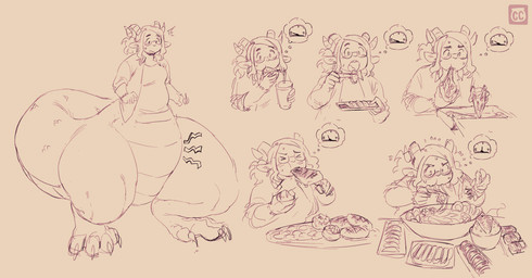 anthro belly big_belly big_legs big_tail biped bodily_fluids box bracelet bread burger chopsticks claws clothing container curled_horn drinking_straw ear_piercing eating eating_food eyewear female food food_in_mouth fuel_gauge glasses gyoza hair holding_food holding_object horn hungry jewelry meat meter noodles overeating pepperoni piercing pizza pizza_box ramen rice rumbling_stomach scales scaly_tail solo standing sushi sweat sweatdrop tail thought_bubble topwear wearing_glasses chimeracauldron joan?_(chimeracauldron) bovid caprine chimera goat mammal digital_drawing_(artwork) digital_media_(artwork) hi_res multiple_scenes signature trans_(lore) trans_woman_(lore)