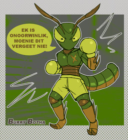 antennae_(anatomy) anthro arthropod_abdomen boxing_gloves clothing dialogue exoskeleton handwear male scar solo speech_bubble text lizardfungus arthropod gladiator_bug insect mantophasmatidae afrikaans_text hi_res translation_request