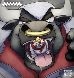 5_fingers anthro biped black_claws bodily_fluids brown_body brown_fur claws clenched_teeth clothed clothing drooling duo eyebrows eyes_closed facial_piercing feet_first fingers fur gameplay_mechanics gui head_tuft health_bar hood horn male micro multicolored_body multicolored_fur nose_piercing nose_ring open_mouth oral_vore partially_inside piercing pink_tongue purple_body purple_fur purple_nose red_cross ring_piercing saliva septum_piercing snout swallowing teeth tongue tongue_out topwear tuft vore white_body white_clothing white_fur white_horn white_topwear yellow_body yellow_eyes yellow_fur skaifox assassin's_creed ubisoft skai stier bovid bovine canid canine cattle fox mammal 2017 digital_media_(artwork) hi_res watermark
