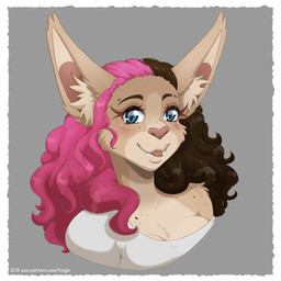 anthro black_eyebrows black_hair blep blue_eyes blush border breasts clothed clothing eyebrows eyelashes female freckled_face freckled_shoulders freckles fur grey_background hair inner_ear_fluff long_eyelashes looking_at_viewer multicolored_body multicolored_fur multicolored_hair pink_hair pink_nose pink_tongue shirt simple_background solo tan_body tan_fur tan_inner_ear_fluff text tongue tongue_out topwear tuft white_border autumnmelody domestic_cat felid feline felis hybrid lagomorph leporid mammal rabbit 1:1 2021 hi_res portrait shaded url