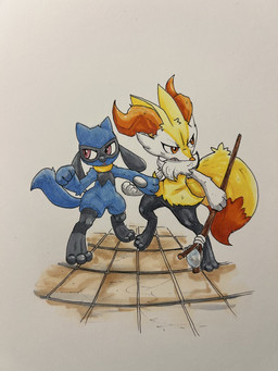 3_fingers 3_toes ambiguous_anthro ambiguous_gender anthro arm_tuft biped black_body black_nose blue_body blue_tail cheek_tuft chest_tuft cute_fangs digitigrade dipstick_tail duo facial_tuft fangs feet fingers flat_chested front_view fur hip_tuft holding_object holding_stick inner_ear_fluff looking_away markings multicolored_body multicolored_fur nude_ambiguous nude_anthro open_mouth orange_body orange_eyes orange_fur orange_inner_ear_fluff orange_nose orange_tail_tip pointy_ears prick_ears red_eyes rock shoulder_tuft simple_background standing stick tail tail_markings tapering_snout teeth toes tuft two_tone_tail white_body white_fur wide_stance yellow_body yellow_fur yellow_tail stuffmadebymelol nintendo pokemon braixen canid generation_4_pokemon generation_6_pokemon mammal pokemon_(species) riolu 2026 3:4 colored english_description hi_res marker_(artwork) shaded traditional_media_(artwork)