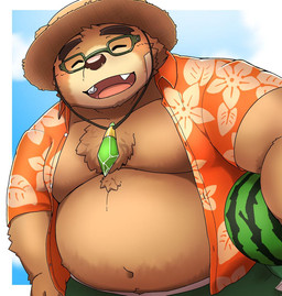 anthro belly bottomwear brown_body brown_fur clothed clothing eyes_closed eyewear food fruit fur glasses hat headgear headwear kemono male melon moobs navel open_clothing open_shirt open_topwear overweight overweight_male plant shirt shorts solo straw_hat topwear watermelon anhrmgzo lifewonders tokyo_afterschool_summoners volos_(tas) bear mammal 2021