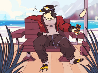 3_toes 5_fingers anthro beach beak beak_closed bench black_body black_clothing black_fur black_hat black_headwear blue_eyes boat bottomwear brown_bottomwear brown_clothing brown_pants claws closed_smile clothed clothed_anthro clothed_male clothing countershade_face countershade_hands countershade_neck countershade_torso countershading day detailed_background electronics feet finger_claws fingers front_view fully_clothed fully_clothed_anthro fully_clothed_male fur grey_clothing grey_shirt grey_topwear hat head_turned headgear headphones headwear holding_music_player holding_object jacket listening_to_music looking_aside male mouth_closed multicolored_body multicolored_fur muscular muscular_anthro muscular_male musical_note musical_symbol narrowed_eyes on_bench open_clothing open_jacket open_topwear outside pants plant portable_music_player red_clothing red_jacket red_topwear sailing_boat sailing_watercraft sand ship shirt sitting sitting_on_bench sky smile solo symbol tail tan_body tan_countershading tan_fur text toe_claws toes topwear two_tone_body two_tone_fur vehicle water watercraft white_sclera wire skykdotidot avian bird penguin 2024 4:3 artist_name digital_drawing_(artwork) digital_media_(artwork) full-length_portrait hi_res portrait