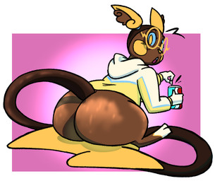 :o anthro barefoot beverage beverage_can big_butt big_tail blue_sclera blush bottomless brown_body butt butt_focus cheek_spots clothed clothing eyewear feet female floating glasses holding_beverage holding_object holding_soda hoodie inner_ear_fluff long_tail looking_at_viewer looking_back looking_back_at_viewer open_mouth piercing pink_background pokemorph prehensile_tail rear_view round_glasses simple_background sitting sitting_on_tail soda solo surprised tail topwear tuft wearing_glasses wide_eyed wide_hips yellow_eyes potoobrigham nintendo pokemon deecie_(caudle) fan_character alolan_form alolan_raichu generation_7_pokemon pokemon_(species) regional_form_(pokemon) shiny_pokemon digital_drawing_(artwork) digital_media_(artwork) full-length_portrait portrait source_request