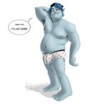 armpit_hair belly blue_body blue_hair body_hair bulge clothing detailed_bulge dialogue genital_outline hair hat headgear headwear male moobs navel nipples not_furry overweight overweight_male pattern_briefs penis_outline solo text underwear sweetkiwi disney onward_(2020) pixar barley_lightfoot elf humanoid 2023 english_text hi_res