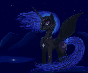 armor black_body black_feathers black_fur black_nose blue_eyes blue_hair cutie_mark dark feathered_wings feathers female feral fur hair headgear helmet horn jewelry looking_at_viewer mohawk mountain necklace night outside pose quadruped sky solo standing star tail water wind wings ostfront friendship_is_magic hasbro my_little_pony mythology nightmare_moon_(mlp) equid equine mammal mythological_creature mythological_equine winged_unicorn 2013 6:5 cool_colors hi_res