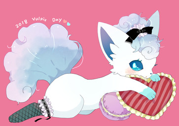 3_toes accessory ambiguous_gender black_clothing black_legwear black_ribbon black_stockings blue_eyes blue_hair blue_inner_ear blue_markings blue_tail blush blush_lines clothed clothing digitigrade eyelashes feet feral fishnet_clothing fishnet_legwear fluffy fluffy_tail frilly frilly_accessory frilly_clothing frilly_legwear fur gloves_(marking) hair hair_accessory hair_ribbon heart_symbol holding_object holding_pillow leg_markings legwear lying markings on_front open_mouth paws pillow pink_background quadruped ribbons simple_background socks_(marking) solo stockings tail text toes white_body white_fur mineko nintendo pokemon alolan_form alolan_vulpix canid canine generation_7_pokemon mammal pokemon_(species) regional_form_(pokemon) 2018 dated digital_drawing_(artwork) digital_media_(artwork)