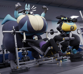accessory anthro big_breasts big_butt bottomwear breast_squish breasts butt cleavage clothed clothing exercise eyewear female glasses group gym headband huge_breasts huge_butt hyper hyper_breasts hyper_butt larger_female lifting male pants shaking size_difference smaller_male squish thick_thighs topwear trio weightlifting wide_hips workout darkdraketom nintendo pokemon drale_(darkdraketom) lulu_(darkdraketom) lux_(darkdraketom) generation_4_pokemon human lucario luxray mammal pokemon_(species) 3d_(artwork) blender_(artwork) digital_media_(artwork) hi_res