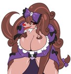 anthro big_breasts bottomwear breasts brown_hair brown_tail clothing crossgender female fondling fur hair hand_on_breast holding_breast long_hair open_mouth pants princess purple_clothing purple_ribbon red_eyes red_nose royalty self_fondle solo tail tongue tongue_out megi cookie_run schwarzwalder canid canine canis domestic_dog mammal wolf