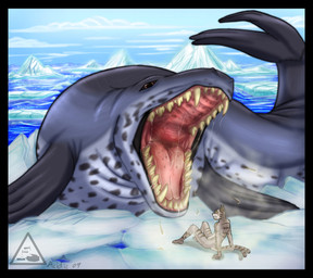 anthro arctic black_border border breath cloud duo feral flippers ice ice_floe macro male micro open_mouth oral_vore outside sea sitting size_difference sky smaller_male tail teeth throat tongue vore water yellow_teeth acidic aquatic felid feline leopard_seal mammal pinniped seal hi_res