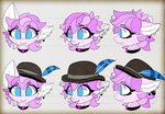 blue_eyes bowler_hat clothing collar ear_piercing eyelashes female feral fur hat headgear headwear looking_at_viewer mane piercing pink_body pink_fur pink_mane simple_background smile solo white_background flufflepimp hasbro my_little_pony equid equine horse mammal pony model_sheet multiple_images