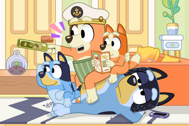 clothing exploring family female hat headgear headwear imagination living_room male peaked_cap sailing takeout_menu dm29 bluey_(series) bandit_heeler bingo_heeler chilli_heeler australian_cattle_dog canid canine canis cattledog domestic_dog herding_dog mammal pastoral_dog