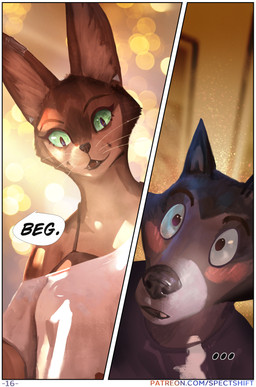 anthro blush border bra clothing dialogue duo female fur male shirt smile speech_bubble text topwear underwear white_border spectrumshift colby_(spectrumshift) yvette_(spectrumshift) canid canine canis domestic_dog felid feline mammal serval 2025 comic digital_media_(artwork) english_text hi_res gynomorph_(lore)