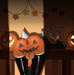 2_horns anthro anus backsack balls bent_over black_clothing black_hoodie black_topwear bodypaint butt clothing decoration dipstick_ears ear_markings femboy fur furniture genitals hair hoodie horn humanoid_genitalia humanoid_penis jack-o'-lantern latex latex_clothing latex_legwear leaf legwear looking_back male multicolored_body multicolored_ears multicolored_fur orange_body orange_fur orange_horn paint painted_butt penis scut_tail short_tail solo table tail topwear white_body white_fur white_hair y_anus tamdagoat fanta_(carrotfanta) bovid caprine goat mammal 2025 hi_res