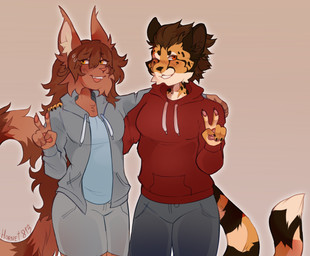 anthro arms_on_shoulders blush clothed clothing duo fur gesture hand_gesture hoodie male markings pose smile spots spotted_body spotted_fur tail topwear v_sign hornet813 milo_(hexonac) cheetah felid feline king_cheetah mammal