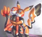 2019 anthro big_tail breasts charmander cleft_tail clothing colored cosplay_pikachu_(character) cosplay_pikachu_(costume) duo face_squish female female/female generation_1_pokemon hug implied_transformation latex latex_transformation libredrone living_latex long_ears nintendo null_face pikachu pikachu_libre pokemon pokemon_(species) posexe scalie shaded short short_stack skin_tight_suit squish tail thick_thighs transformation