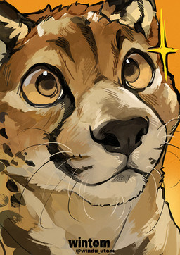 ambiguous_gender feral fur looking_aside smile solo text whiskers wide_eyed wintom cheetah felid feline mammal 2025 artist_name digital_media_(artwork)