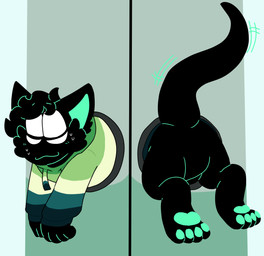 4_toes ambiguous_gender anthro bottomless butt clothed clothing featureless_crotch feet hindpaw hole_in_wall nervous null pawpads paws solo stuck tail tail_motion tapering_tail thick_tail through_wall toes chance2pounce koro_(milkywaytrain) alien felid feline mammal absurd_res hi_res