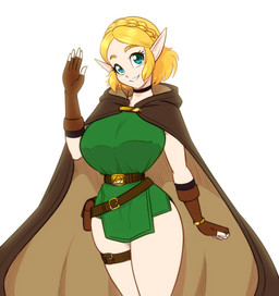 belt big_breasts blonde_hair breasts choker cloak clothing eyebrows eyelashes female fingerless_gloves gloves green_eyes hair handwear humanoid_pointy_ears jewelry looking_at_viewer necklace not_furry pointy_ears smile solo thigh_belt scorpdk nintendo the_legend_of_zelda princess_zelda humanoid hylian 2026 hi_res
