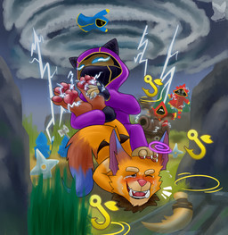 4_fingers 4_toes anthro blue_body blue_fur blue_tail_tip blush bodily_fluids brown_body brown_fur cheek_tuft claws clothing crying_laughing dipstick_tail duo_focus electricity eyebrows facial_tuft feet finger_claws fingers foot_on_head fur fur_tuft grass group hood laugh lightning lying male markings mask multicolored_body multicolored_fur on_front one_eye_closed open_mouth open_smile orange_body orange_fur pawpads paws pink_nose pink_pawpads plant purple_clothing smile storm tail tail_markings tears teeth tickle_fetish tickle_torture tickling tickling_feet toe_claws toes tuft misterfuchs league_of_legends riot_games tencent gnar_(lol) kennen_(lol) mammal yordle hi_res