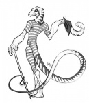 anthro biped clothed clothing fully_clothed furgonomics hat headgear headwear holding_clothing holding_hat holding_headgear holding_headwear holding_object long_tail looking_at_viewer looking_back male markings solo standing tail tail_clothing walking_stick redbeanviolin lizard reptile scalie 2012 hi_res line_art monochrome sketch