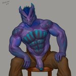 abs anthro balls biceps blue_eyes bottomwear brown_bottomwear brown_clothing brown_pants claws clothing facial_piercing finger_claws flaccid foreskin furniture genitals glans hand_on_knee hand_on_leg horn humanoid_genitalia humanoid_penis leaning_on_knee looking_at_viewer male multicolored_body multicolored_scales muscular muscular_anthro muscular_male navel nose_piercing pants pants_only penis piercing purple_body purple_scales scales simple_background sitting sitting_on_stool solo stool teal_glans unzipped unzipped_pants vein veiny_penis zipper aduran dungeons_and_dragons hasbro wizards_of_the_coast torrin_(lesfleurs) dragonborn_(dnd) 2023 digital_drawing_(artwork) digital_media_(artwork) hi_res