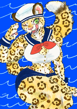 anthro big_breasts bottomwear breasts cleavage clothed clothing female fur green_eyes hat headgear headwear kemono licking licking_lips looking_at_viewer markings midriff one_eye_closed open_mouth sailor_uniform simple_background skirt smile solo spots spotted_body spotted_fur tail teeth thick_thighs thong_straps tongue tongue_out underwear uniform water wide_hips wink yellow_body yellow_fur kyokyota felid leopard mammal pantherine 2025 hi_res