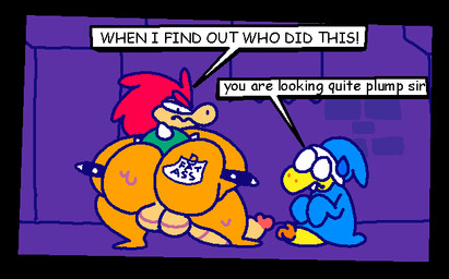 anthro balls big_balls big_butt big_penis butt duo genitals male note penis superiorfox mario_bros nintendo bowser kamek dragon_koopa koopa magikoopa scalie
