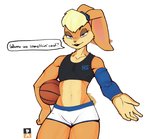 absurd_res anthro armband athletic athletic_anthro athletic_female athletic_wear ball bare_shoulders basketball basketball_(ball) blonde_hair blue_eyes bottomwear bra camel_toe clothed clothing cotton_tail countershade_face countershade_hands countershade_torso countershading digital_media_(artwork) english_text eyelashes eyeshadow female flat_chested front_view fur goonie-san gym_bottomwear gym_shorts hair hi_res lagomorph leporid lola_bunny looking_at_viewer looney_tunes makeup mammal midriff multicolored_body multicolored_fur navel open_mouth open_smile rabbit seductive short_tail shorts simple_background smile solo space_jam space_jam:_a_new_legacy sports_bra standing tail tan_body tan_fur teeth text text_on_bra text_on_clothing text_on_sports_bra text_on_underwear thick_thighs tight_clothing toned_female topwear two_tone_body two_tone_fur underwear warner_brothers wide_hips