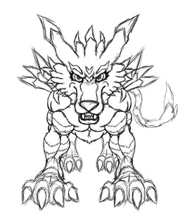 arm_tuft biceps cheek_tuft claws facial_tuft fangs feral looking_at_viewer male muscular muscular_feral muscular_legs muscular_male pecs pointy_ears shoulder_tuft snarling solo tail teeth tuft masterxvmon bandai_namco digimon canid canine canis digimon_(species) garurumon mammal wolf 2023 hi_res monochrome sketch