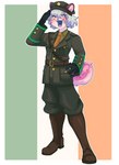 anthro belt blue_hair boots clothing cuff_links curled_tail footwear gesture hair hat headgear headwear irish_flag irish_republican_army jacket male military_uniform necktie salute shoes solo tail topwear uniform kachirisu saeminari garreth_(thedgamesd) canid canine canis domestic_dog husky mammal nordic_sled_dog spitz absurd_res hi_res